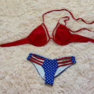 Beach Bunny Red Bikini Top with Blue And Red Polka Dot Bottom